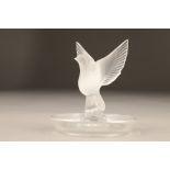 20th century Lalique glass trinket dish, with a central frosted glass dove with open wings, signed