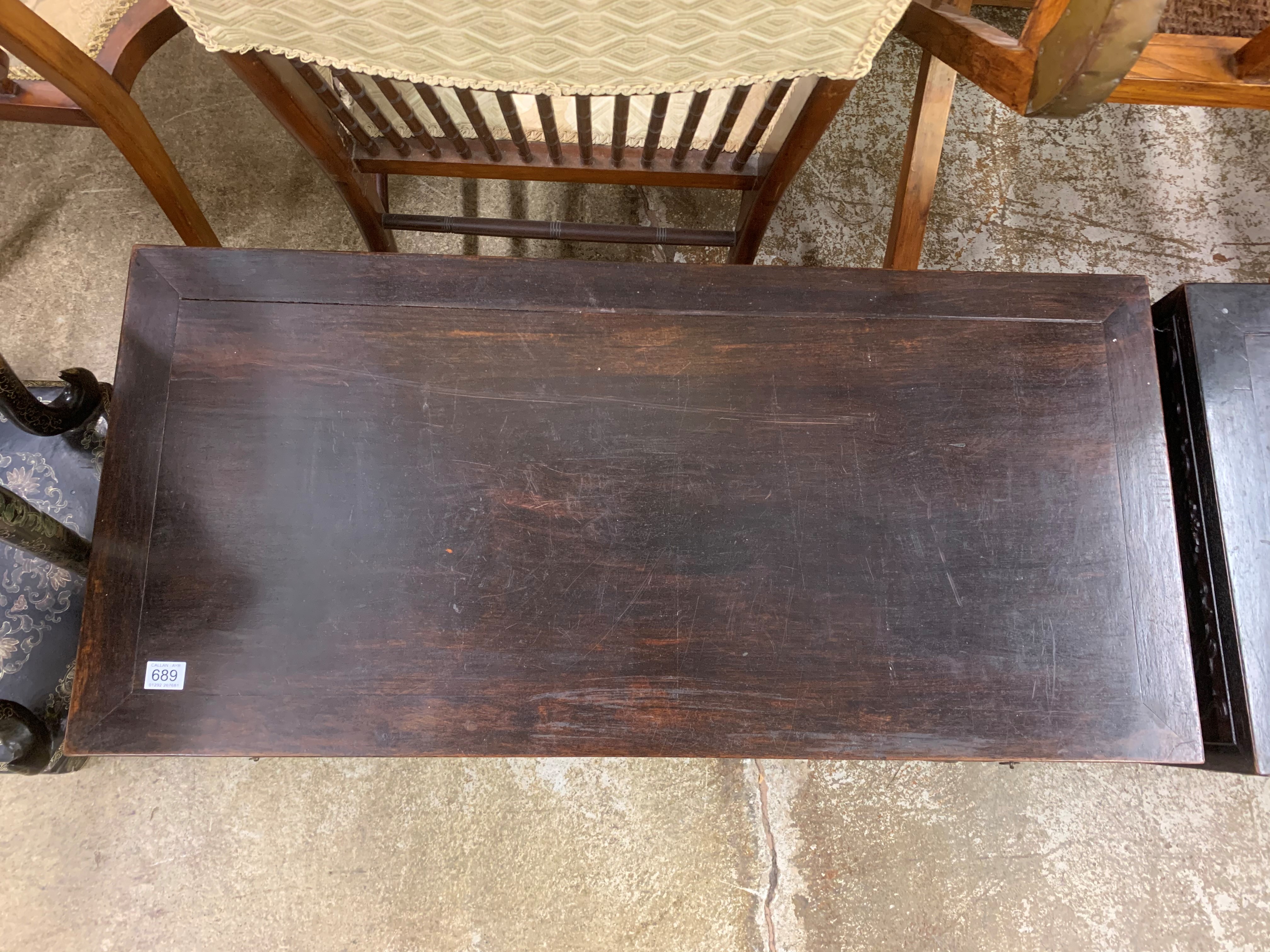 Pair Chinese hardwood low tables, pierced and carved frieze between two single fitted drawers, - Image 4 of 14