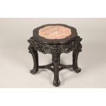 Chinese hardwood jardinière stand, lobed top, rouge marble insert with beaded edge, pierced and