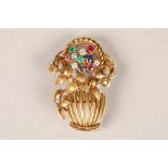 18 carat yellow gold jewel encrusted brooch, in the form of a basket of flowers mounted with