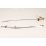 Officers sword with scabbard, brass open guard with leather grip. Curved blade with no engravings or