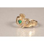 9 carat gold emerald diamond ring, heart shaped emerald surrounded by twelve small brilliant cut