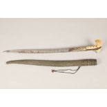 19th century Ottoman sword, heavy bone handle with decorative white metal set with pink coral, steel