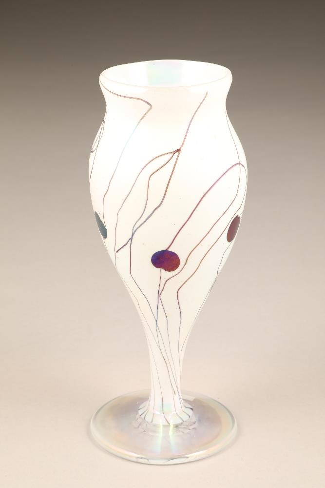 John Ditchfield for Glasform, a white iridescent glass vase, etched to base Glasform J. Ditchfield