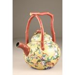 20th century Chinese cloisonne' teapot, of very large form. Yellow ground decorated with flowers,