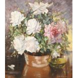 J.A. Gilfillan Framed oil on board, signed 'Still Life, White and Pink Roses' 41cm x 36cm