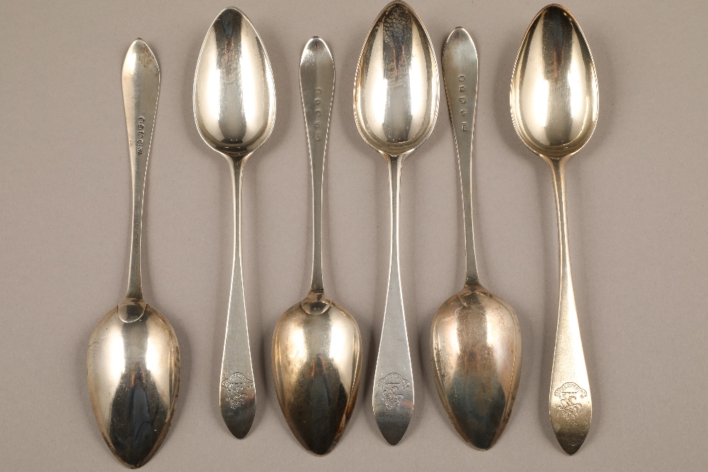 Set of six Scottish George III silver table spoons, assay marked Edinburgh 1792, William Auld,