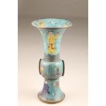 19th century Chinese cloisonne' vase, Gu Shaped, blue ground decorated with figures (damaged).