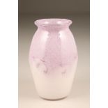 Scottish Monart glass vase, white and purple swirls, 25cm high.