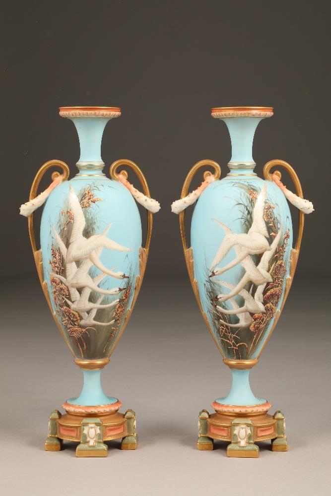Very fine pair of Royal Worcester porcelain vases, by Charles Baldwyn, baluster form with gilt