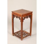 Chinese hardwood jardiniere stand, square topped raised on four legs united by cross stretchers,