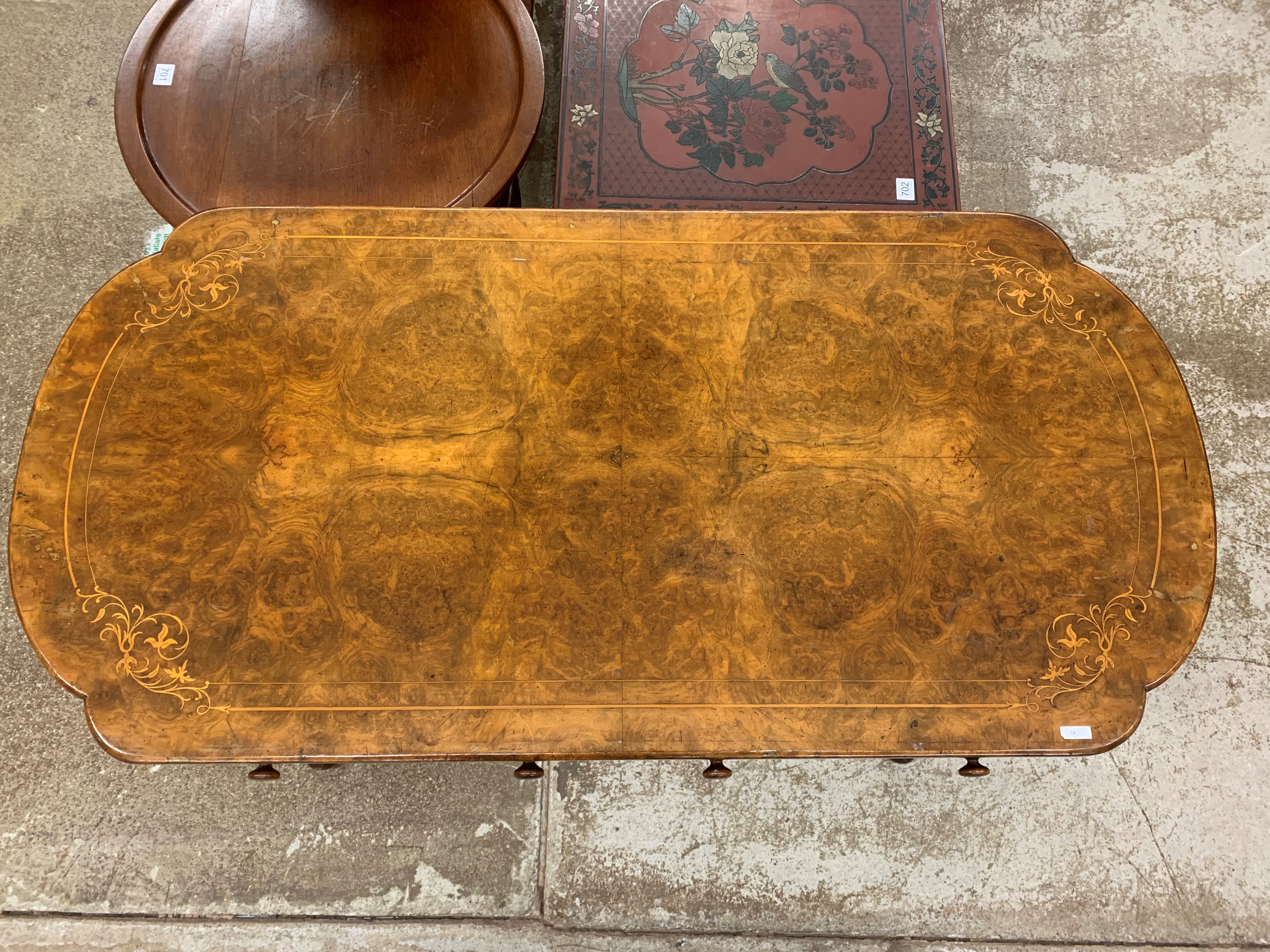 Victorian burr walnut stretcher table, with fitted drawers 107cm long, 52cm wide, 69cm high - Image 3 of 7