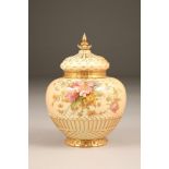 Royal Worcester blush ware pot pourri lidded jar with pierced cover, decorated with hand painted