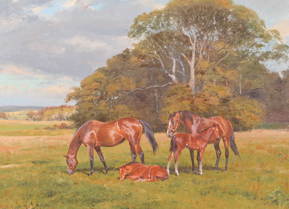 Peter A Smith (Scottish born 1949) ARR Gilt framed oil on canvas 'Two Horses and Two Foals in