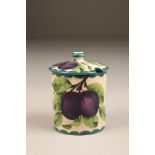 Wemyss pottery preserve jar and cover, hand painted with plums, incised Wemyss, 11.5cm high.