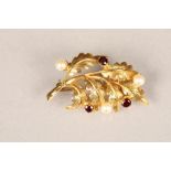 9 carat gold brooch in the form of a cluster of leaves, set with three pearls and three rubies,