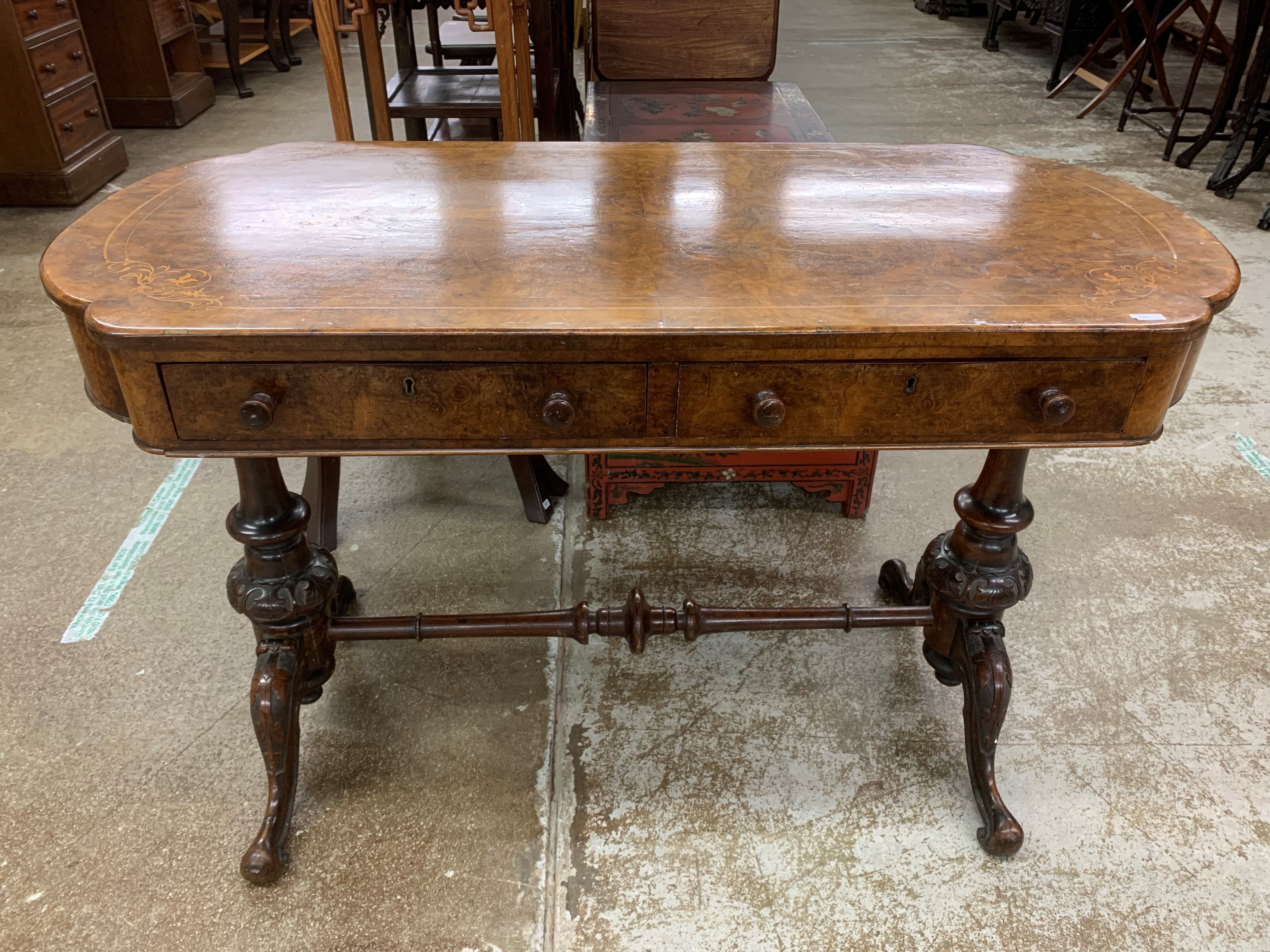 Victorian burr walnut stretcher table, with fitted drawers 107cm long, 52cm wide, 69cm high