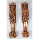 Pair 19th century oak caryatids, of baroque style, one depicting a satyr, the other a bacchante,