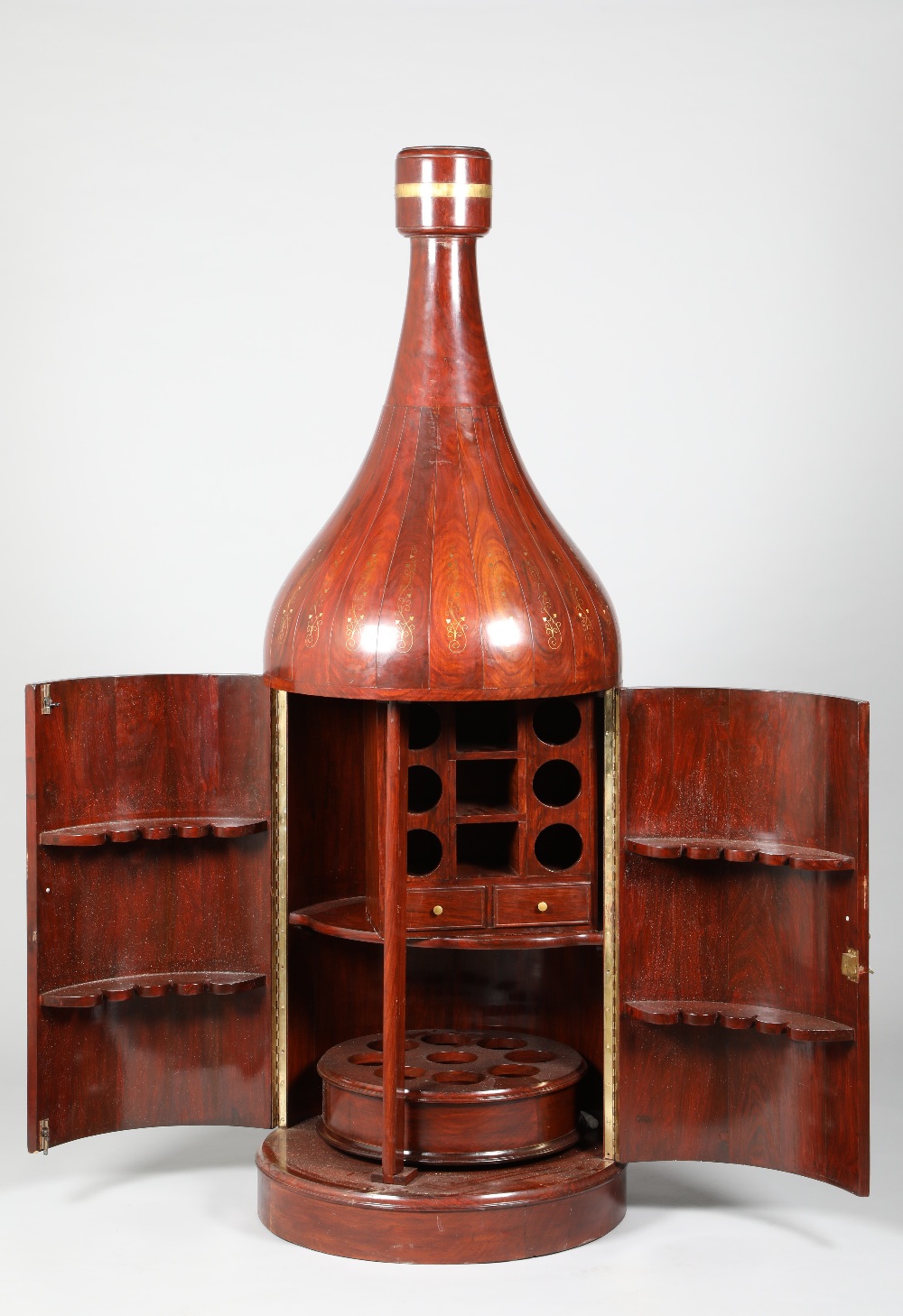 Indian brass inlaid bottle shaped folding bar, twin bow fronted doors revealing a fitted interior, - Image 2 of 2