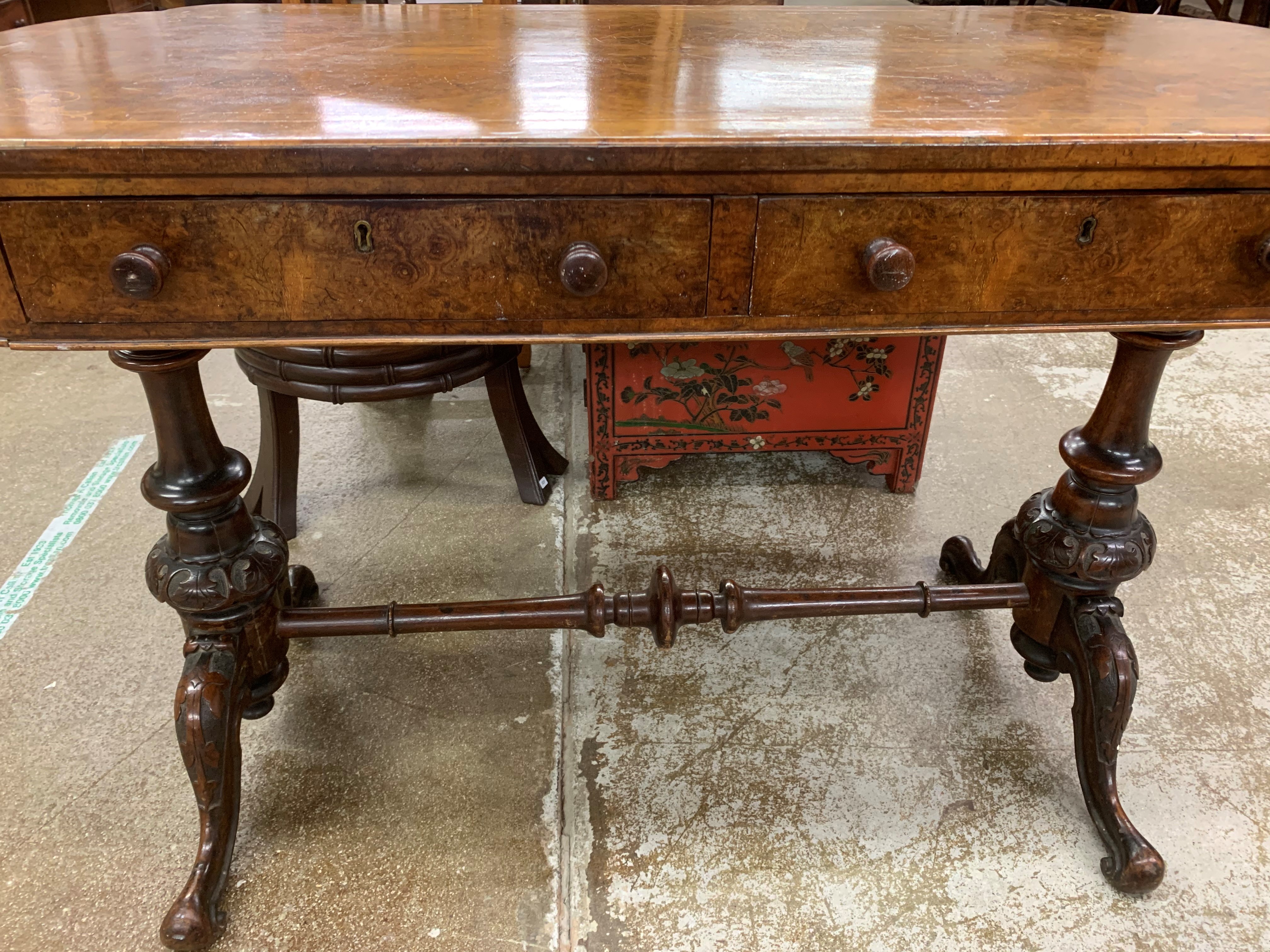 Victorian burr walnut stretcher table, with fitted drawers 107cm long, 52cm wide, 69cm high - Image 2 of 7