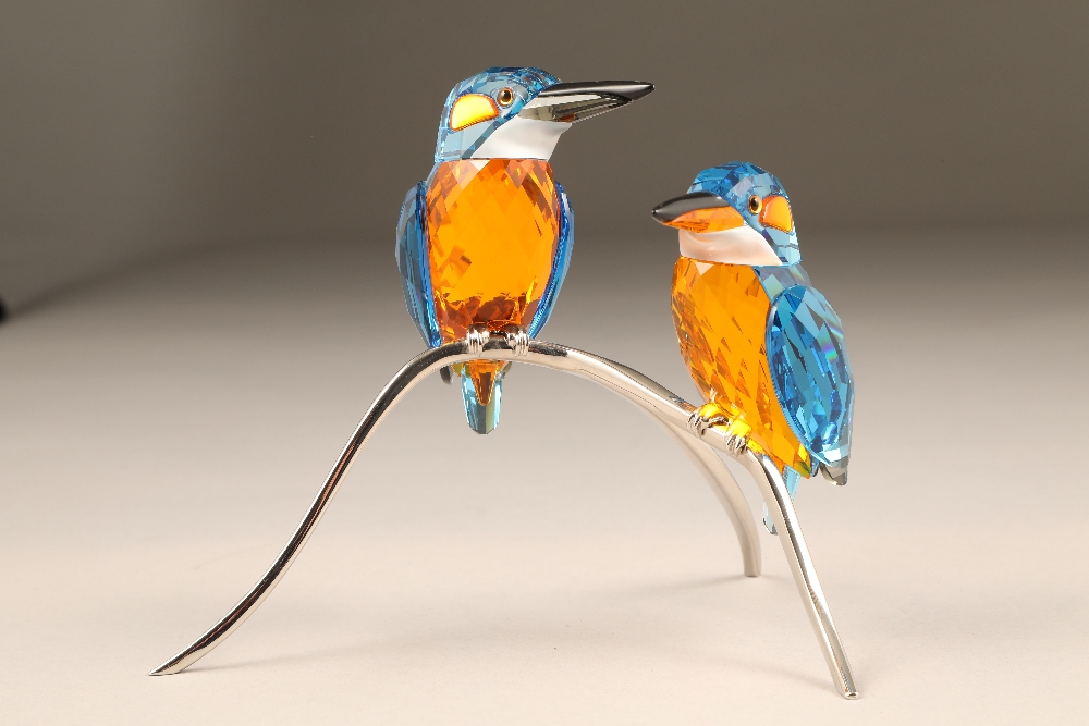 Swarovski crystal paradise figure, two kingfishers on a branch, raised on a stylised chrome base,