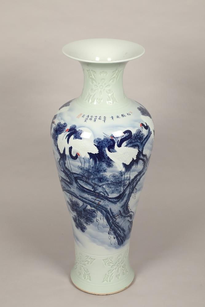 19th/20th century Chinese celadon floor vase, baluster form, decorated with cranes in landscape,