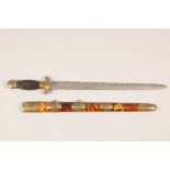 19th century Chinese Jian short sword, gilt metal pommel and hilt along with ornate mounts to the