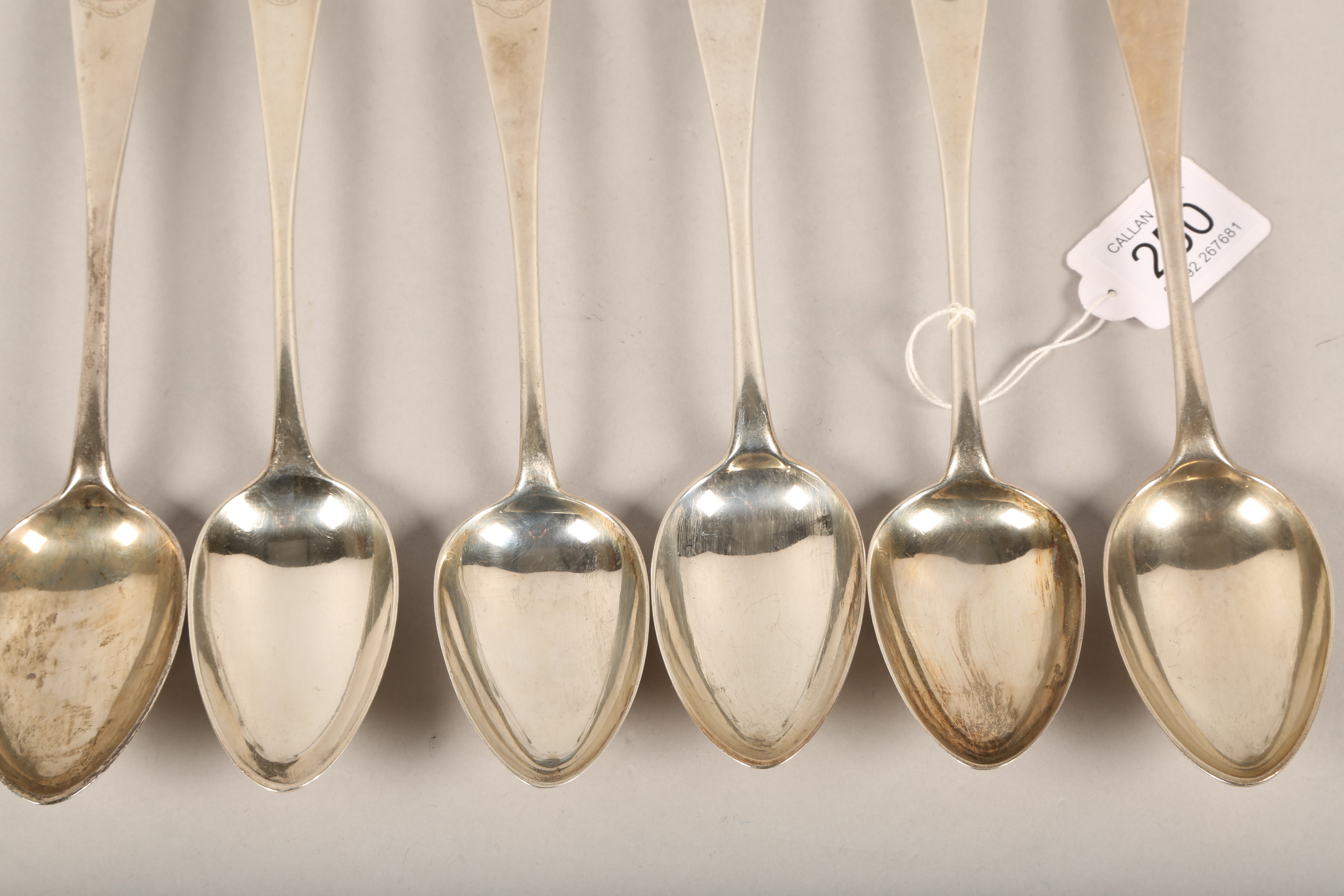 Set of six Scottish George III silver table spoons, assay marked Edinburgh 1792, William Auld, - Image 2 of 3