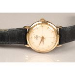 Gents Omega automatic 9 carat gold wrist watch, champagne dial with baton hour markers, seconds