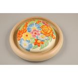 Clarice Cliff moulded posy ring, decorated in the 'My Garden Pattern', diameter 28cm.
