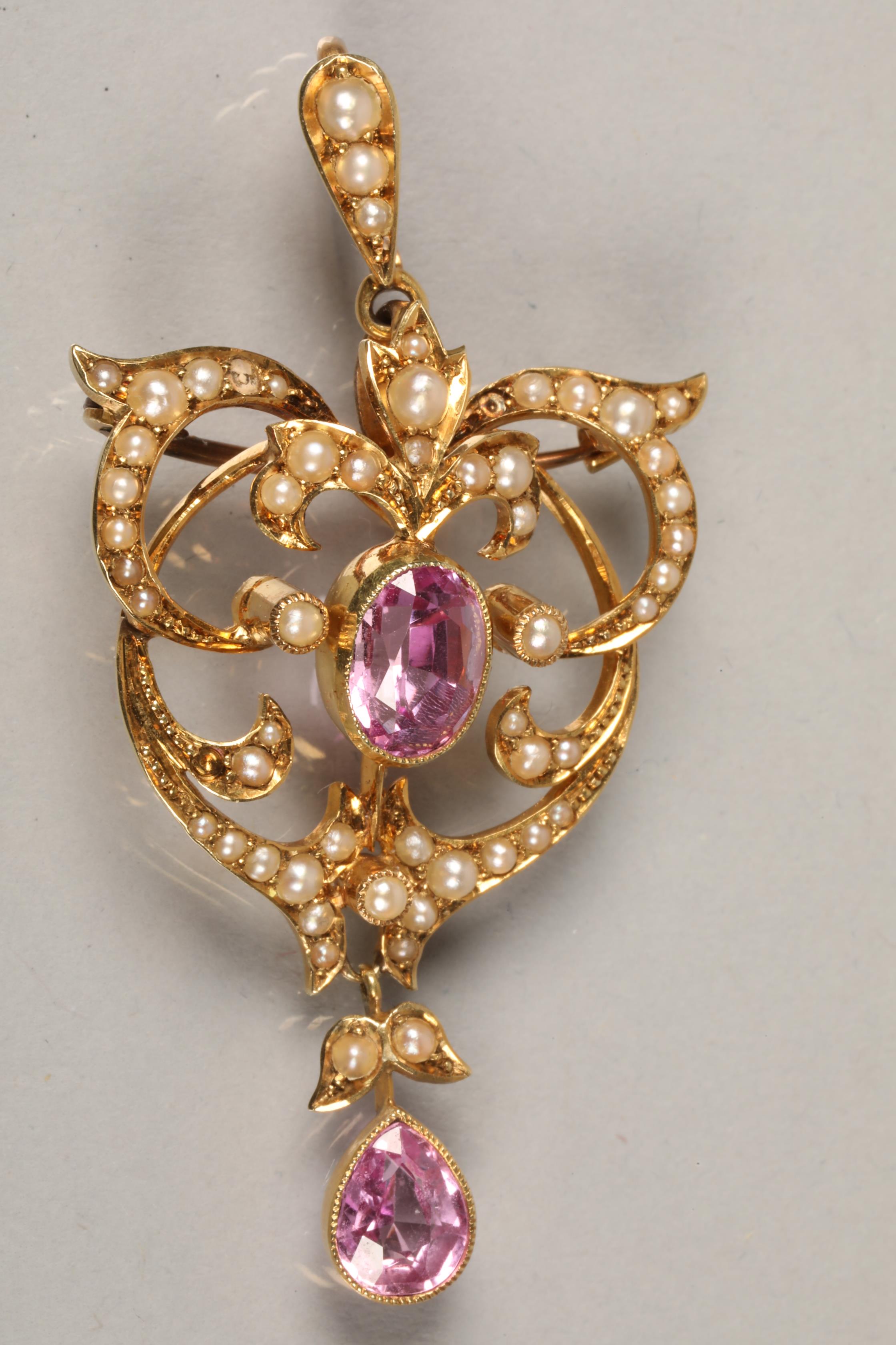 Edwardian ladies 15 carat gold tourmaline and pearl seed pendant or brooch, weight 6g. - Image 5 of 5