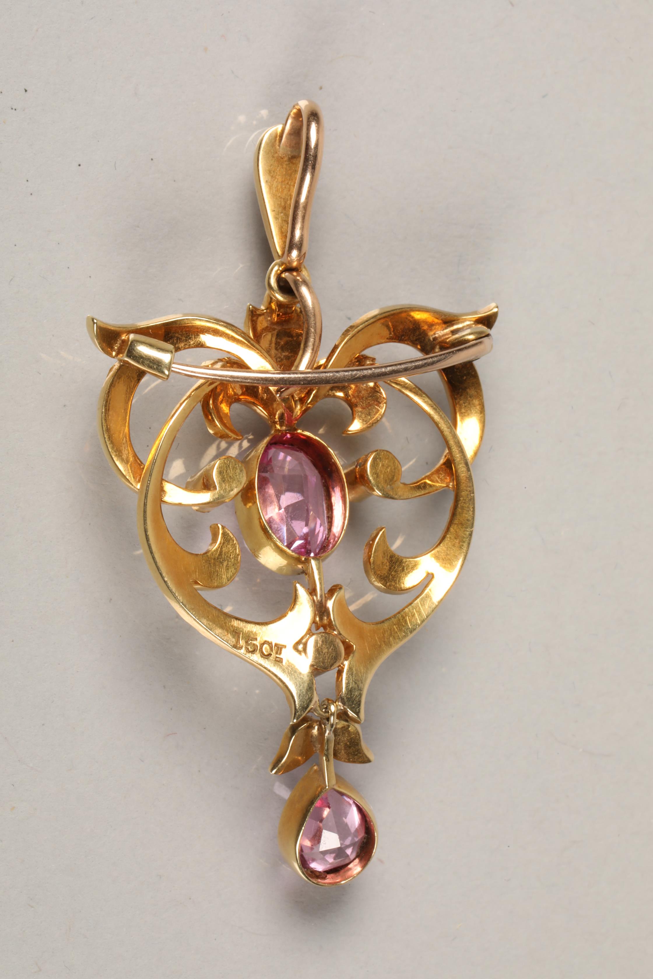 Edwardian ladies 15 carat gold tourmaline and pearl seed pendant or brooch, weight 6g. - Image 2 of 5