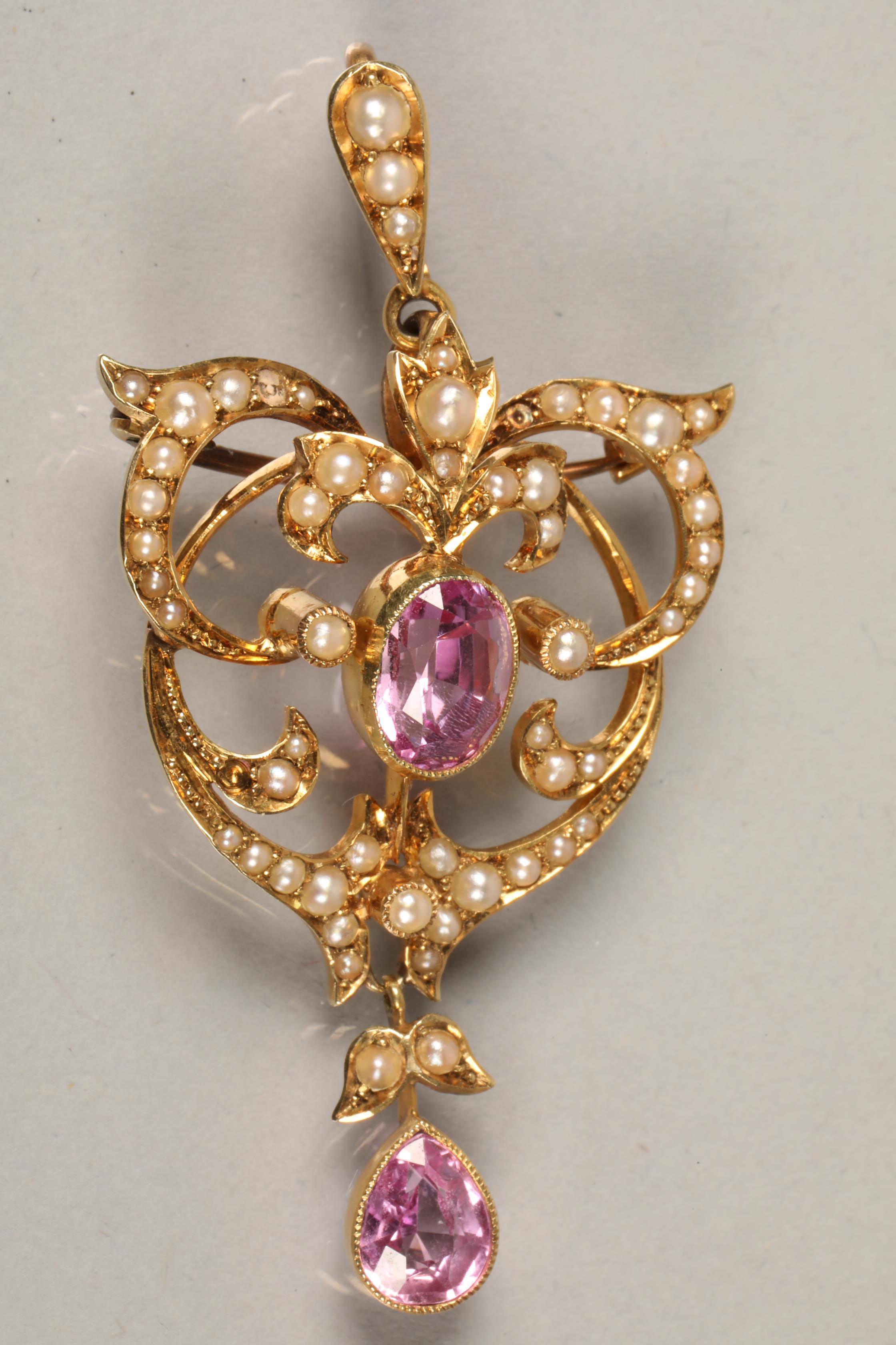 Edwardian ladies 15 carat gold tourmaline and pearl seed pendant or brooch, weight 6g. - Image 4 of 5