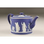 Victorian Wedgwood jasperware teapot and cover, decorated with neo classical figures, incised
