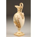 Royal Worcester blushware ewer, scroll handle with Bacchus mask, decorated with ferns, raised on a