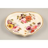 Derby porcelain heart shaped dish, with hand painted flowers, 26cm long, 21cm wide.