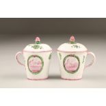 Pair 18th century Swedish Marieburg soft paste custard cups and covers, flower bud finials, pink