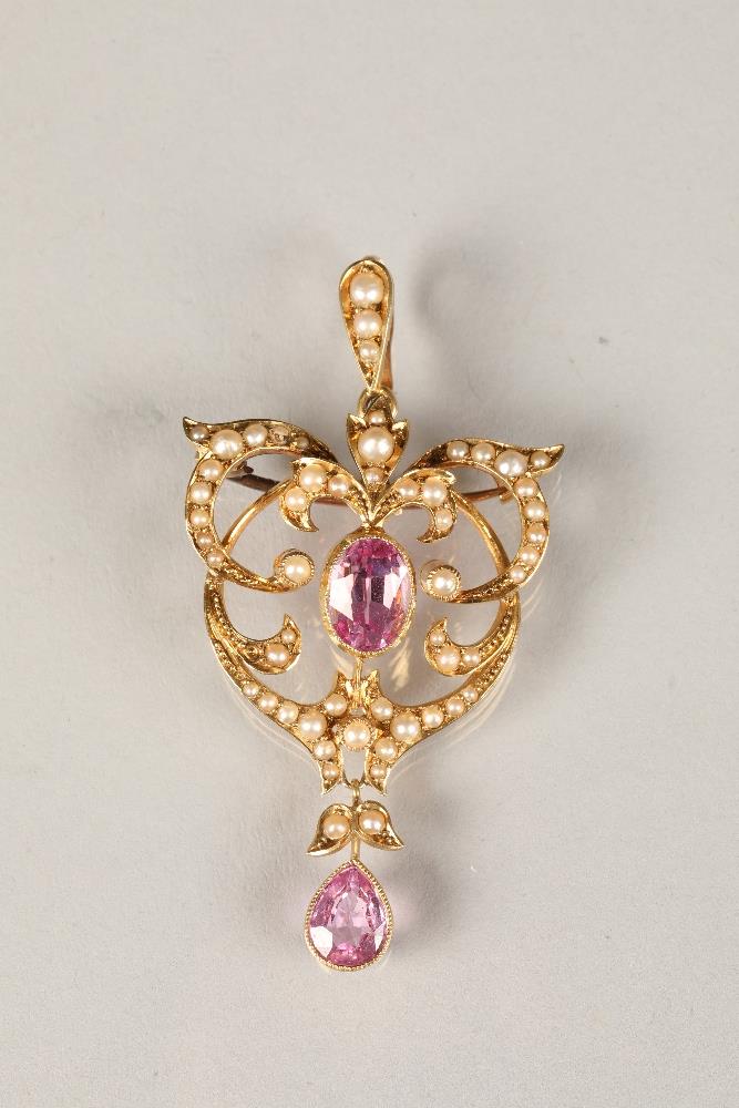 Edwardian ladies 15 carat gold tourmaline and pearl seed pendant or brooch, weight 6g.