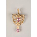Edwardian ladies 15 carat gold tourmaline and pearl seed pendant or brooch, weight 6g.