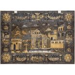 Ⓦ A FINELY DECORATED IRON PLAQUE FROM A DROP-FRONT CABINET^ DECORATED WITH AN ARCHITECTURAL SCENE