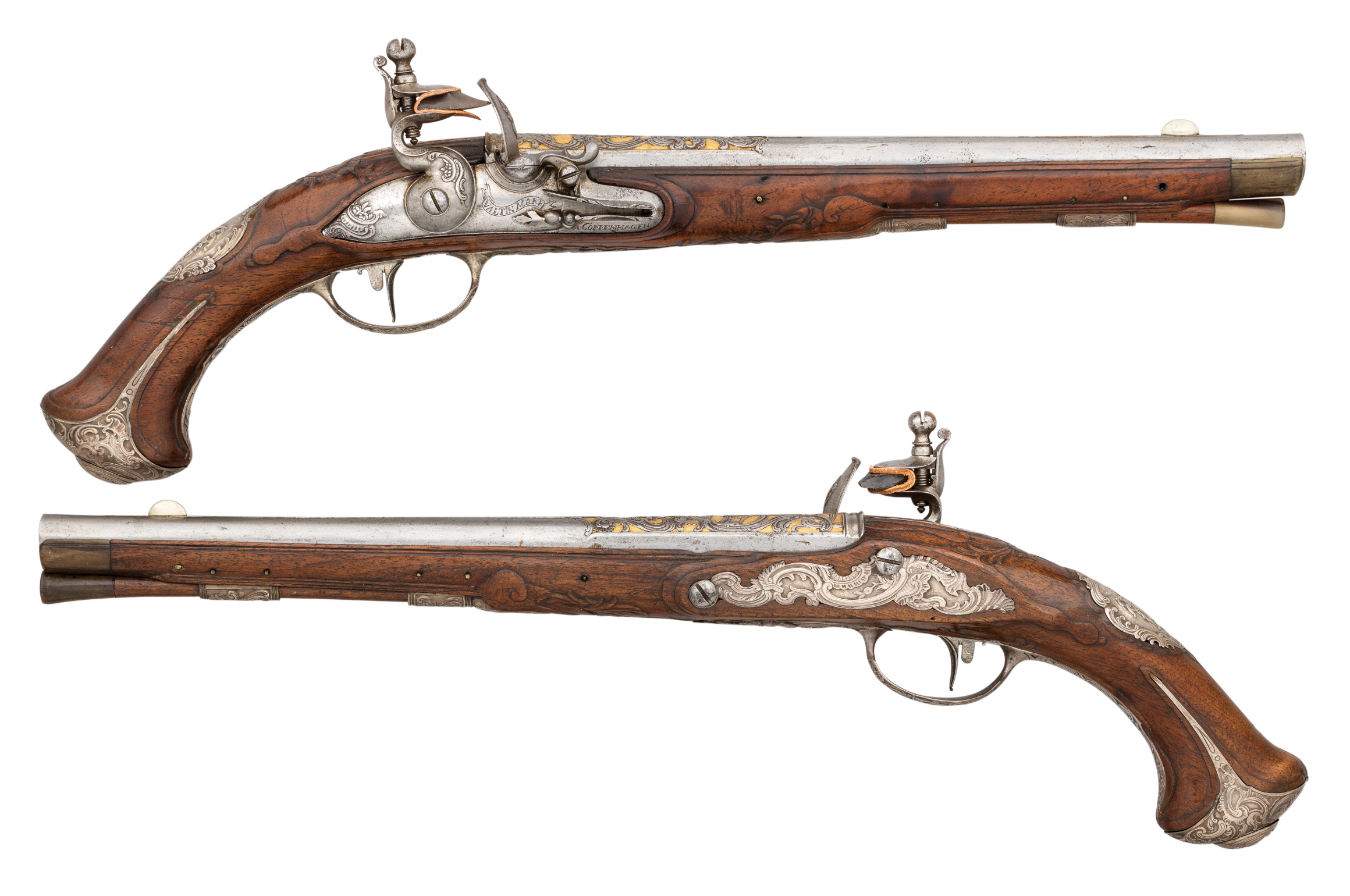 Ⓦ A FINE PAIR OF 28 BORE DANISH SILVER-MOUNTED FLINTLOCK HOLSTER PISTOLS BY VALENTIN MARR^ COPENH