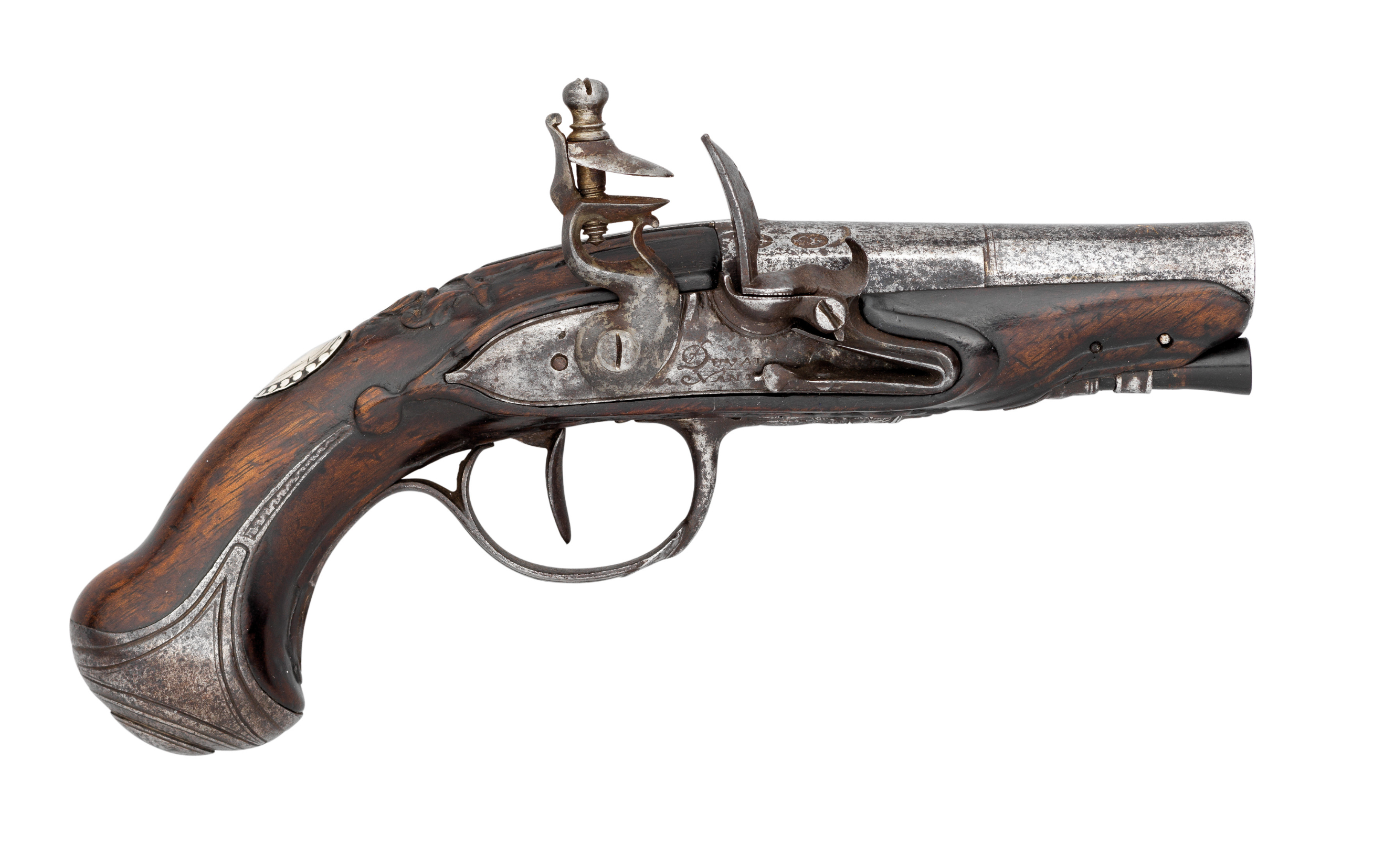 A 54 BORE FRENCH FLINTLOCK TRAVELLING PISTOL BY DUVAL A NANTES^ CIRCA 1780