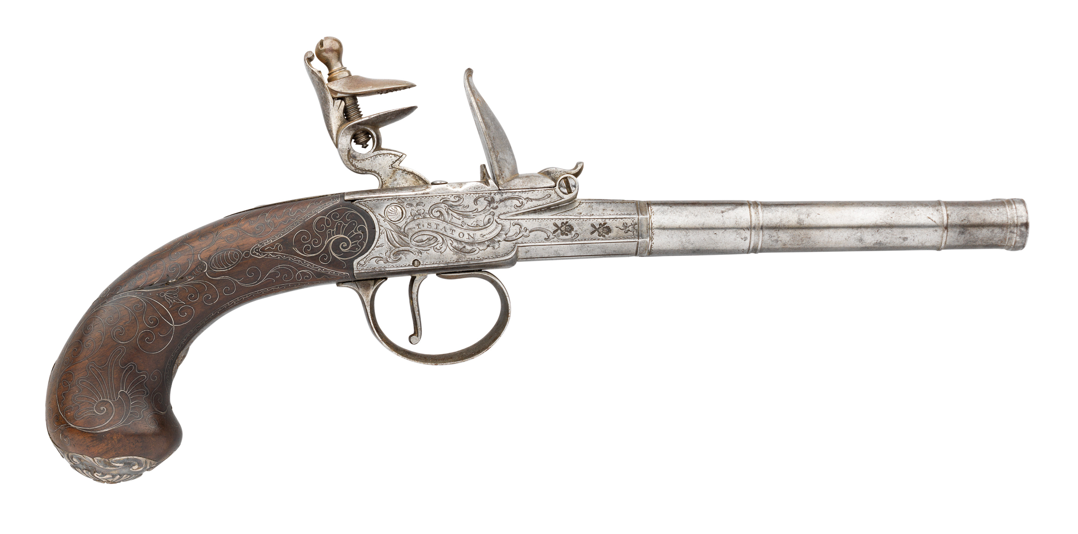 Ⓦ A 54 BORE D.B. FLINTLOCK PISTOL BY T. STATON^ LONDON^ PRIVATE PROOF MARKS^ CIRCA 1770