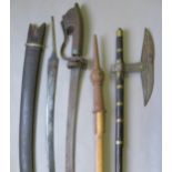 [AP] AN ARAB SWORD (NIMCHA), AN INDIAN AXE, A DETACHED SWORD BLADE, A SCABBARD FOR A TALWAR AND TWO