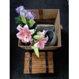 A box of Fortnum & Mason hamper, artificial flowers, household sundries,