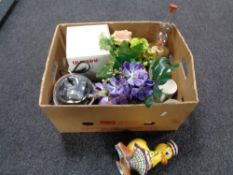 A crate of household sundries, china mugs,