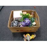 A crate of household sundries, china mugs,