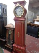 An early twentieth century painted longcase clock with two weights