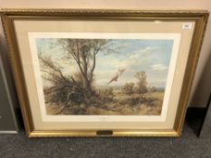 After Alan Fearnley : Church Valley Farm - Two Pheasants Rising from Cover, reproduction on colours,