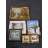 A James Dorens signed watercolour - Autumn woodland together with five other framed pictures